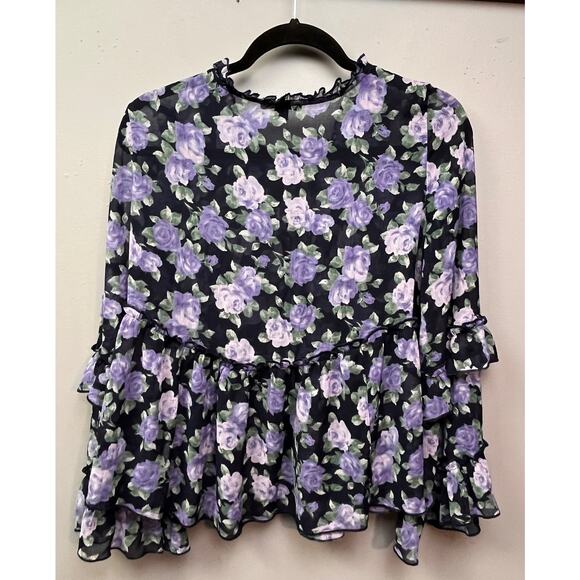 American Eagle Floral Ruffle Top Womens‎ Small Black Purple Sheer Feminine - Picture 2 of 9
